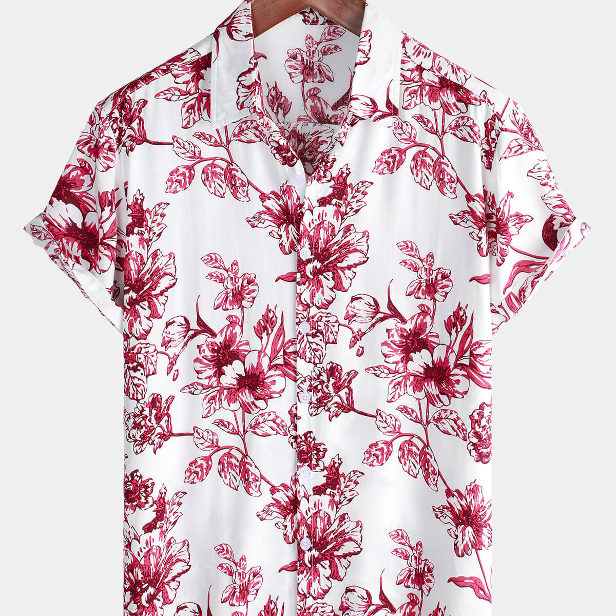 Chemise à manches courtes rouge à boutons floraux hawaïens tropicaux en coton pour hommes