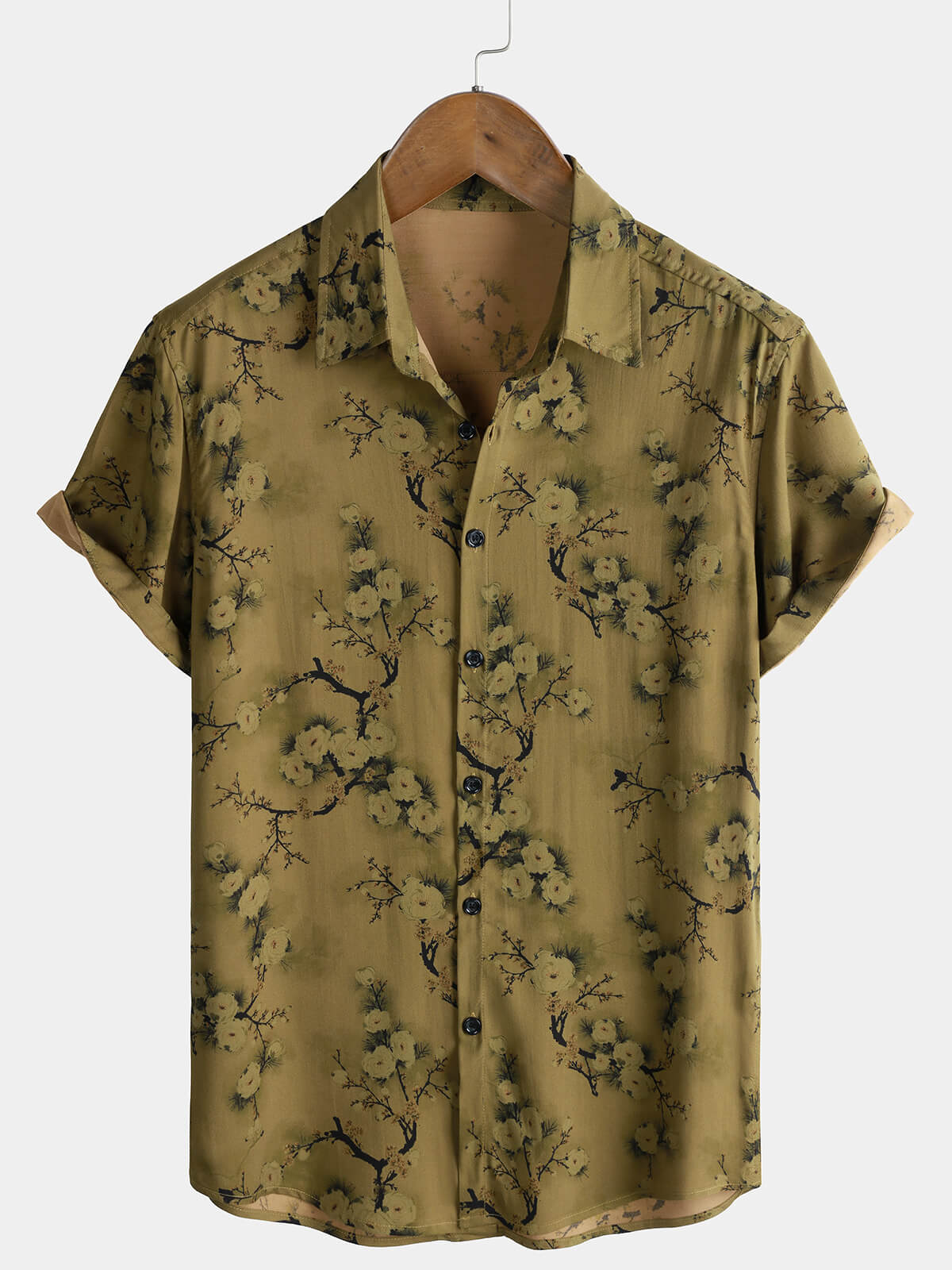 Chemise Homme Décontractée à Manches Courtes en Rayonne avec Imprimé Fleurs Effet Encre
