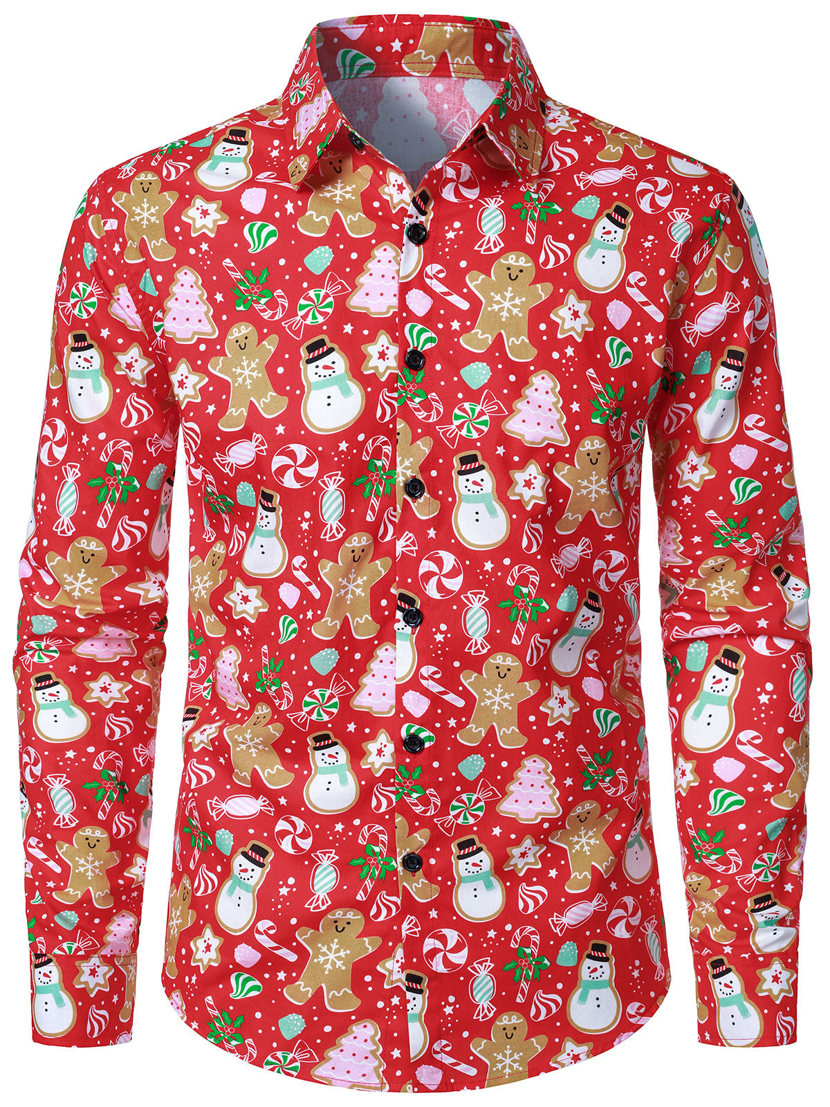 Chemise de Noël pour homme à manches longues – motif bonhomme en pain d’épice et bonhomme de neige amusant
