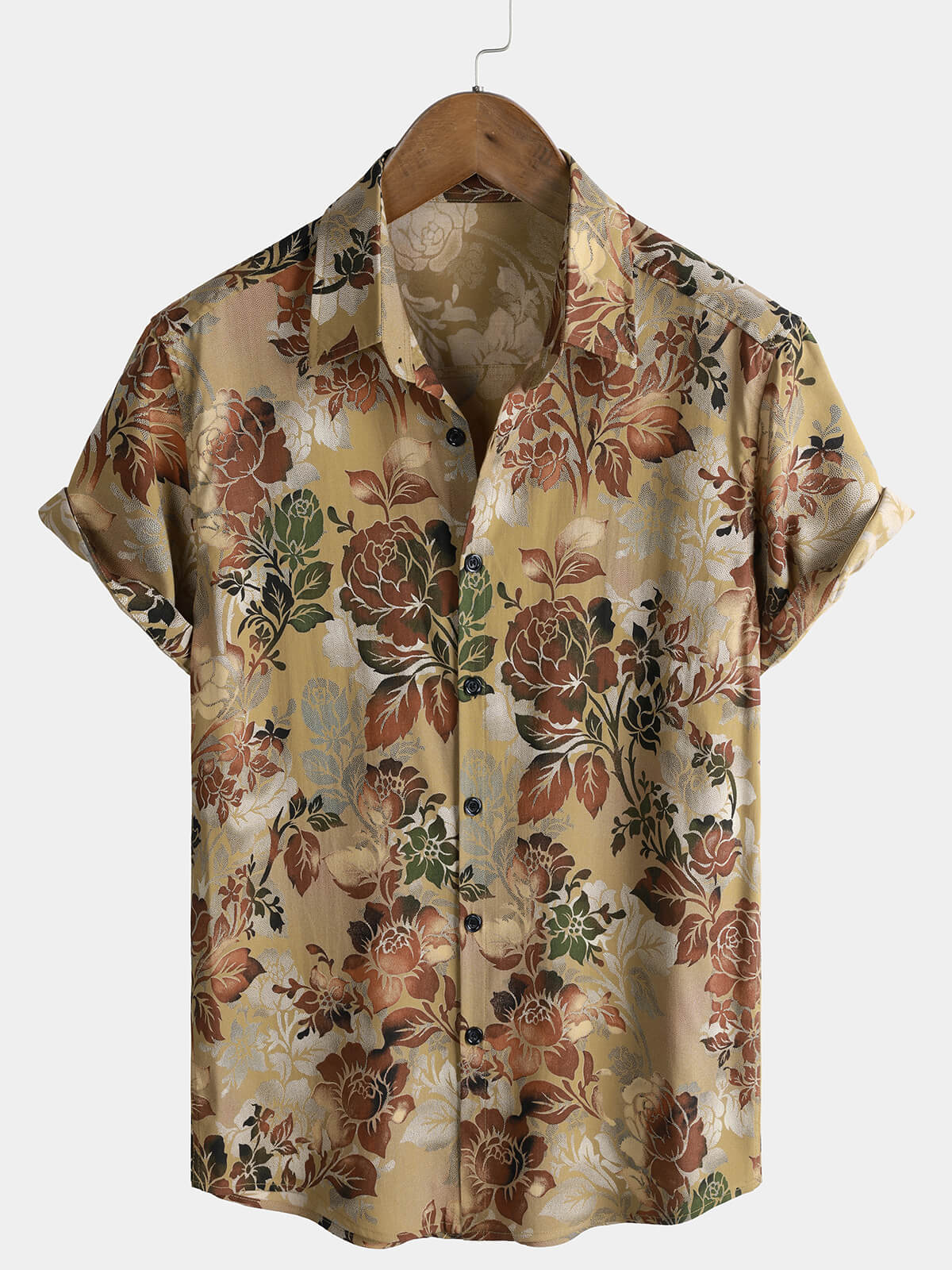 Chemise Homme Décontractée Vintage à Manches Courtes en Rayonne avec Imprimé Roses