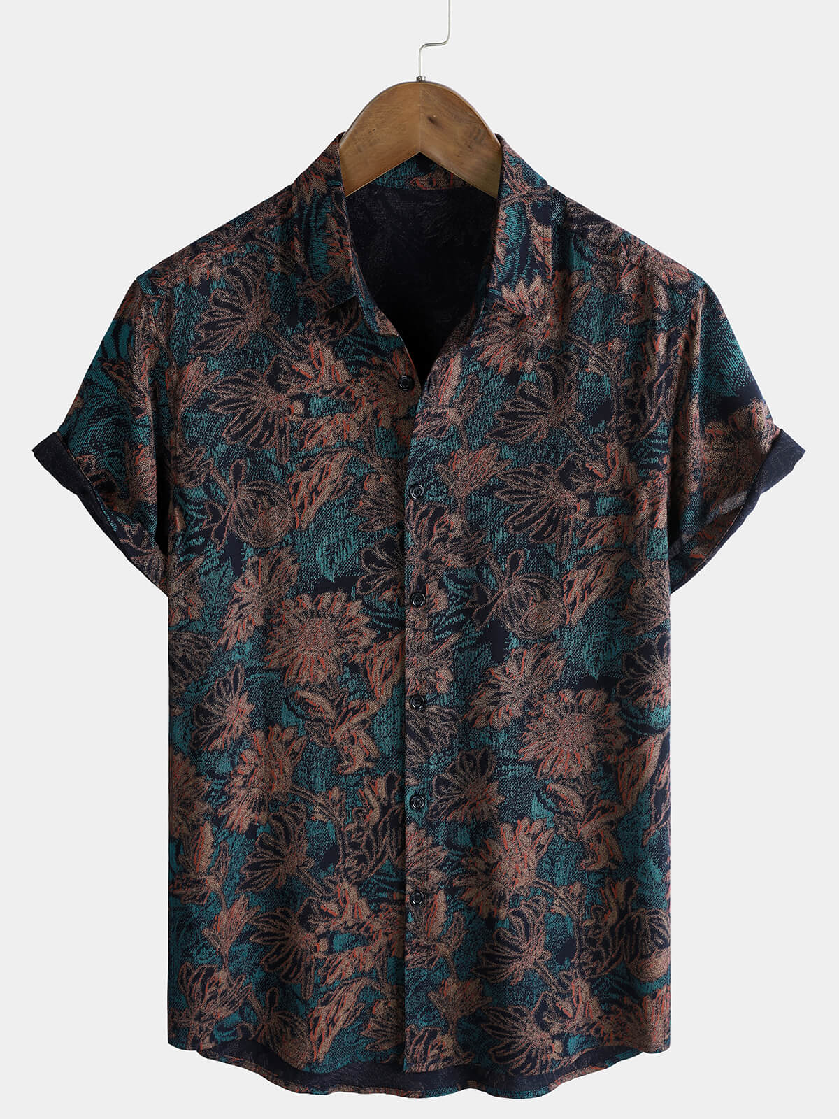 Chemise Homme de Vacances à Manches Courtes en Rayonne avec Imprimé Botanique Rétro Bohème