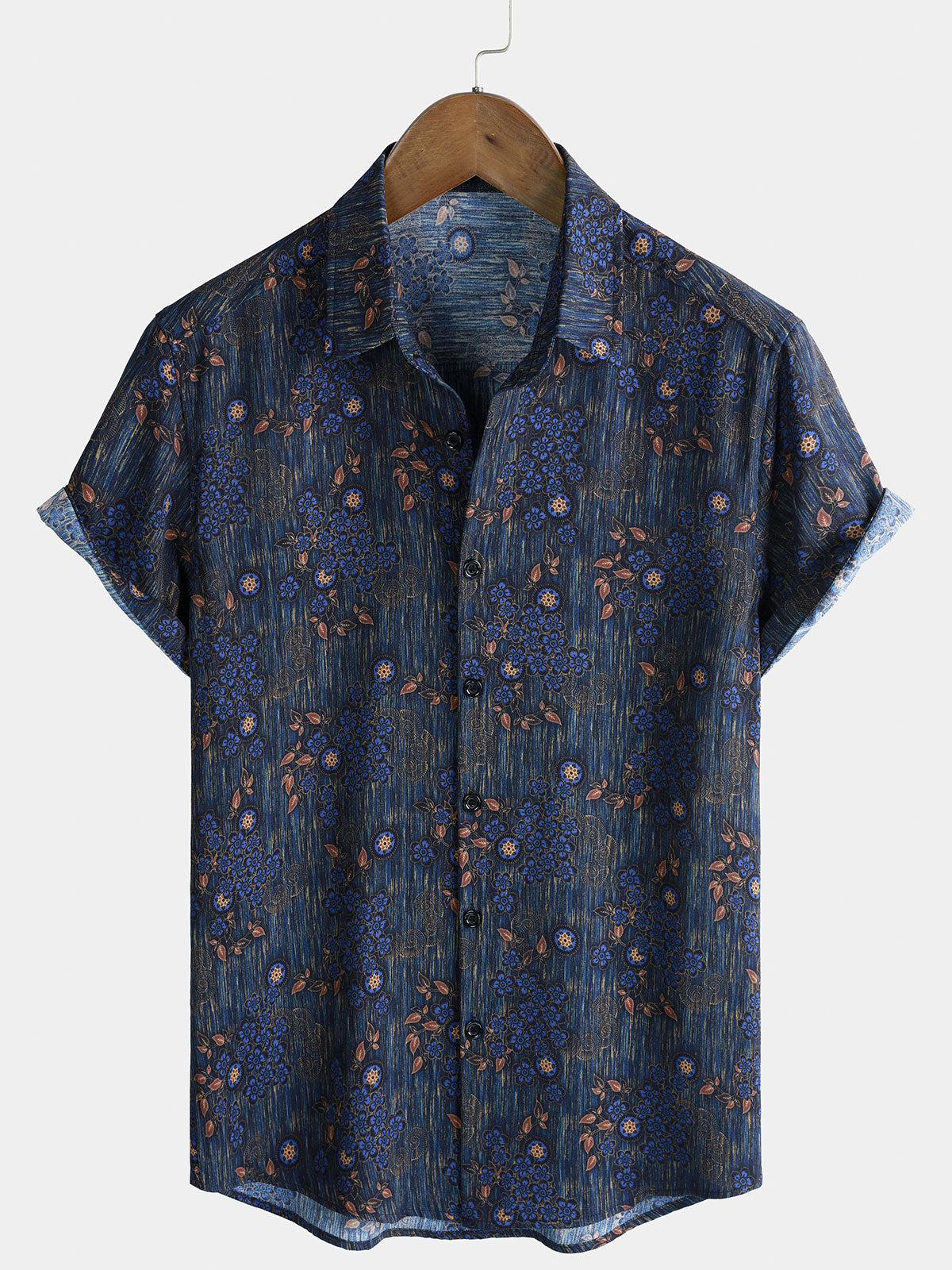 Chemise Homme Vintage Bleue à Imprimé Floral Manches Courtes