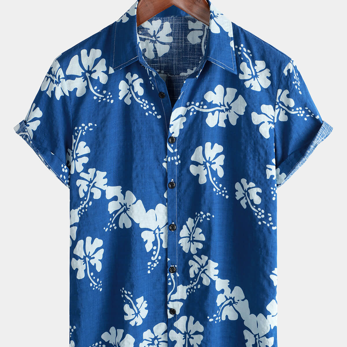 Chemise boutonnée hawaïenne tropicale bleue à manches courtes pour hommes