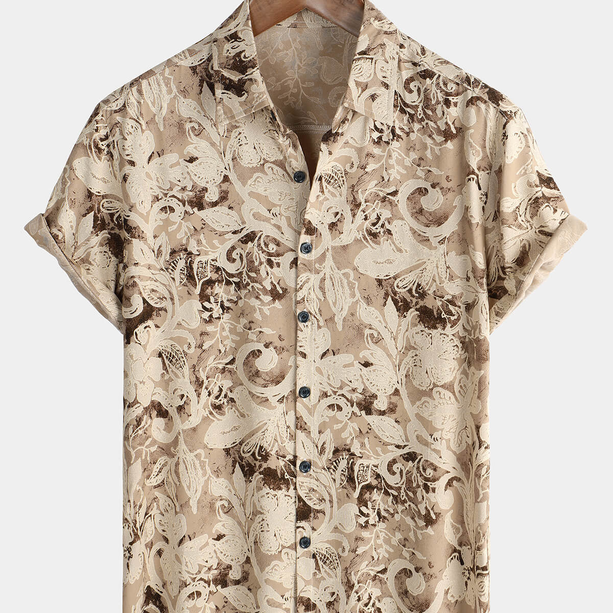 Chemise à manches courtes en rayonne boutonnée à fleurs vintage kaki pour hommes