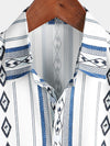 Chemise boutonnée à imprimé aztèque rétro des années 70 à rayures bleues et blanches décontractées pour hommes