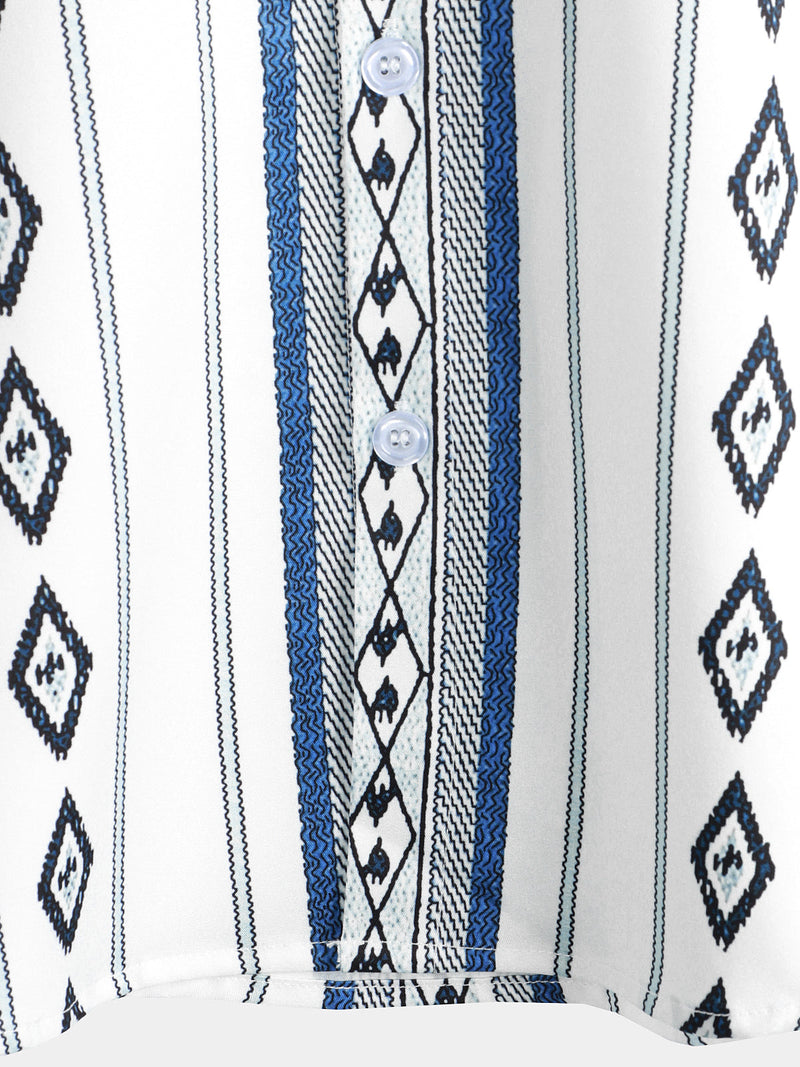 Chemise boutonnée à imprimé aztèque rétro des années 70 à rayures bleues et blanches décontractées pour hommes