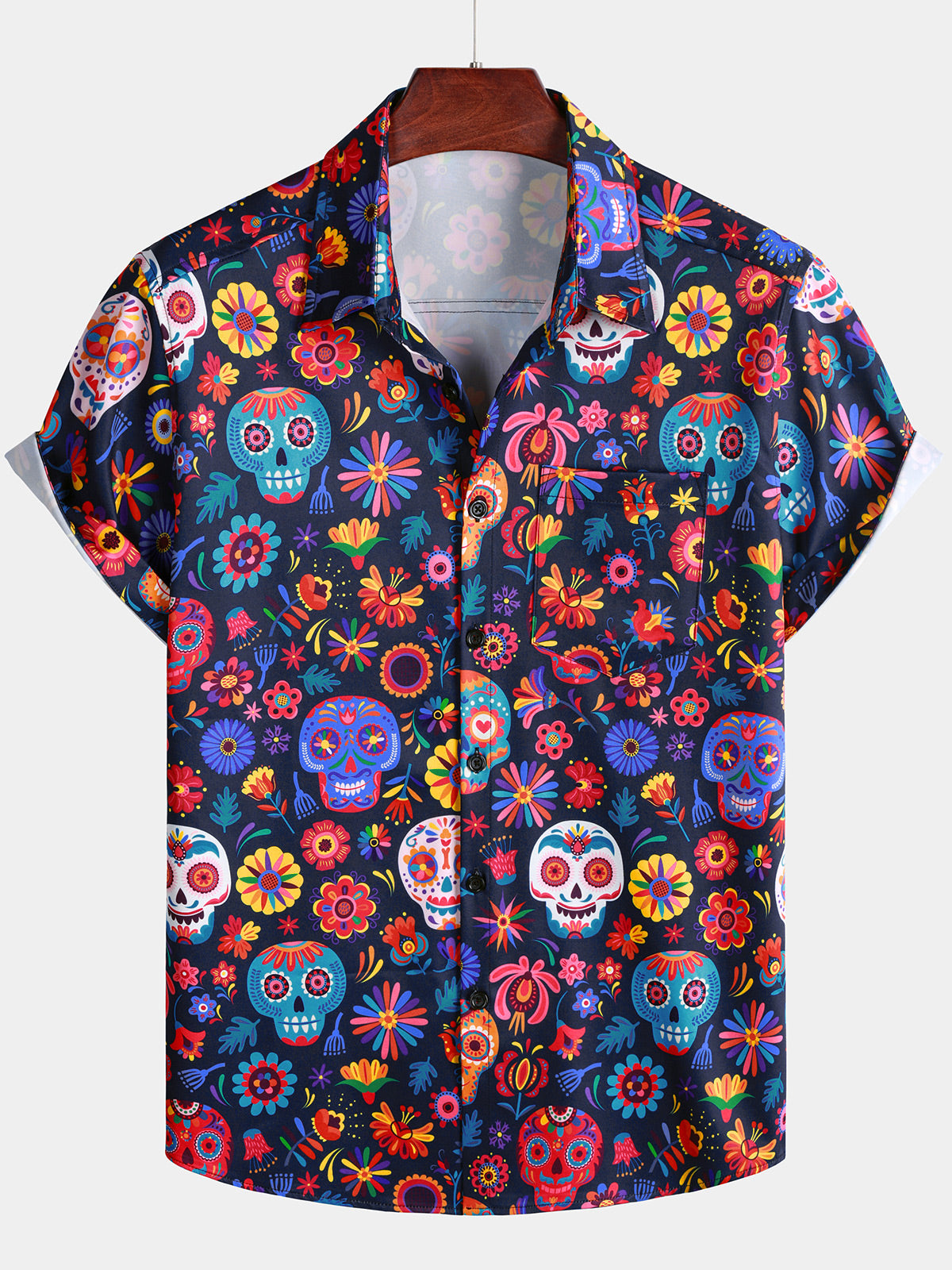 Chemise Hawaii Homme Tête De Mort Punk Rock Bleue Rétro