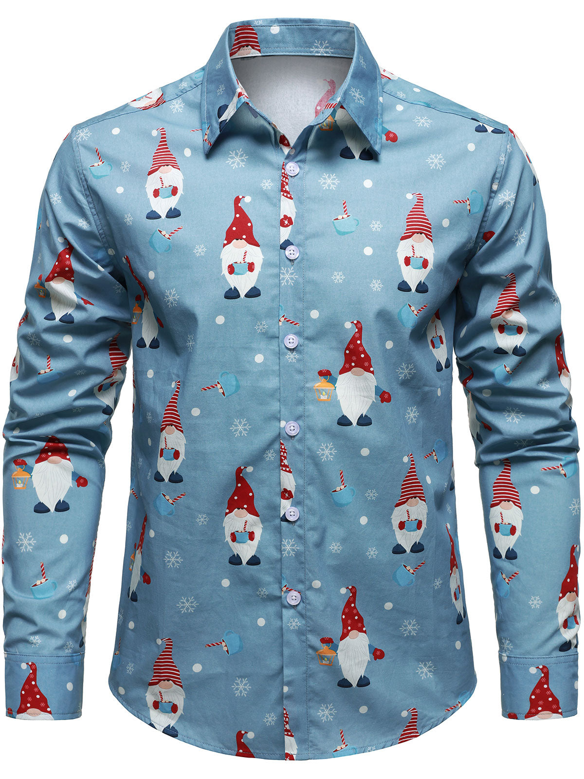 Chemise à manches longues en coton bleu Noël pour homme avec un adorable gnome