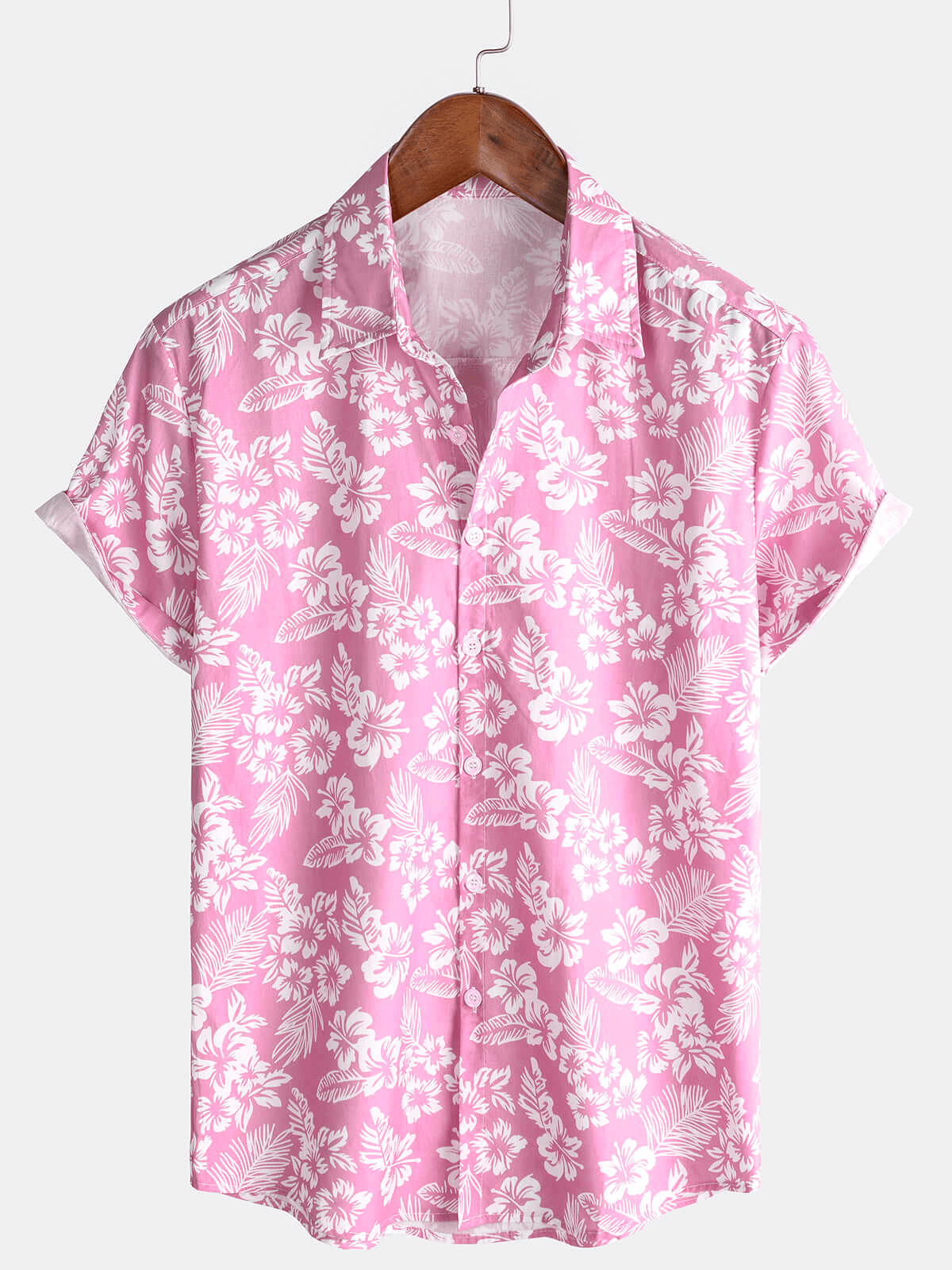 Chemise d'été à manches courtes boutonnée à fleurs hawaïennes en coton rose pour hommes