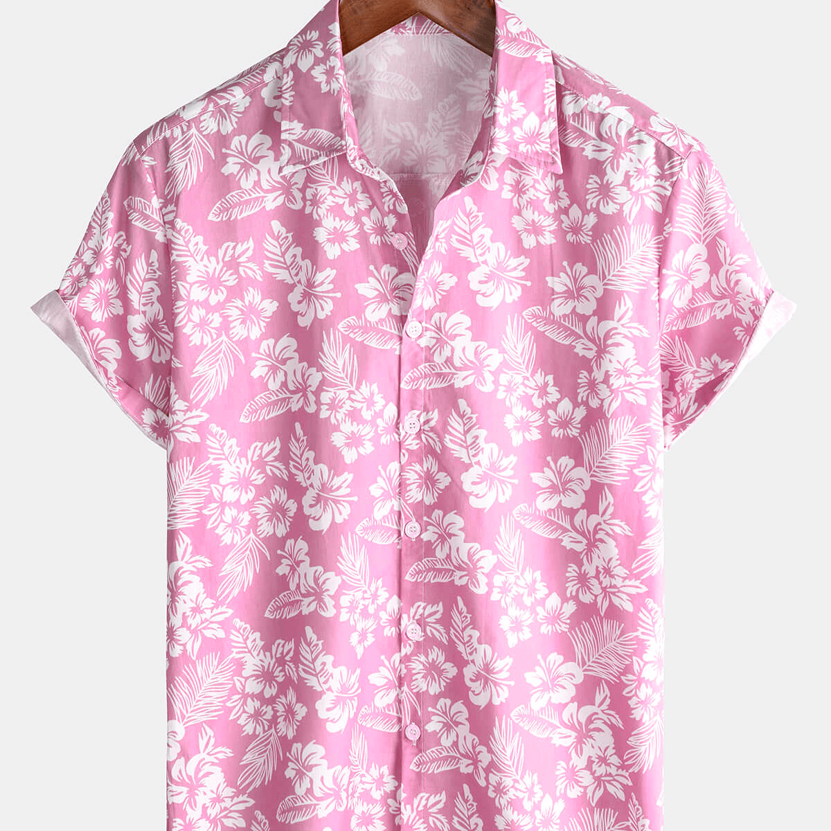 Chemise d'été à manches courtes boutonnée à fleurs hawaïennes en coton rose pour hommes
