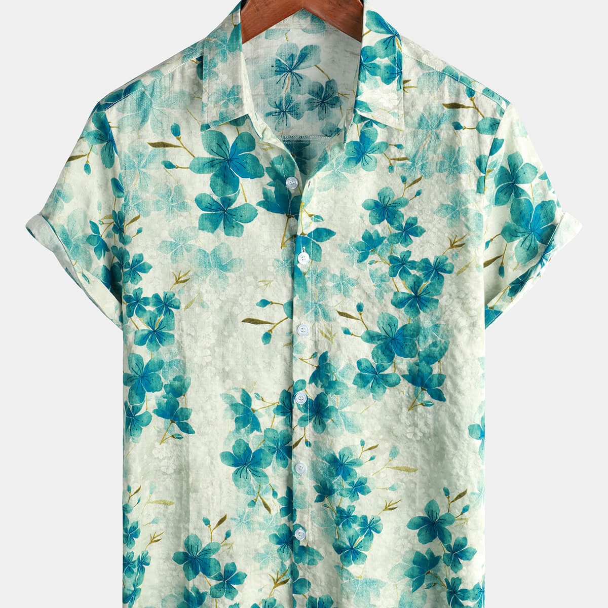 Chemise boutonnée hawaïenne à manches courtes en coton vert à fleurs pour hommes