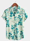 Chemise boutonnée hawaïenne à manches courtes en coton vert à fleurs pour hommes