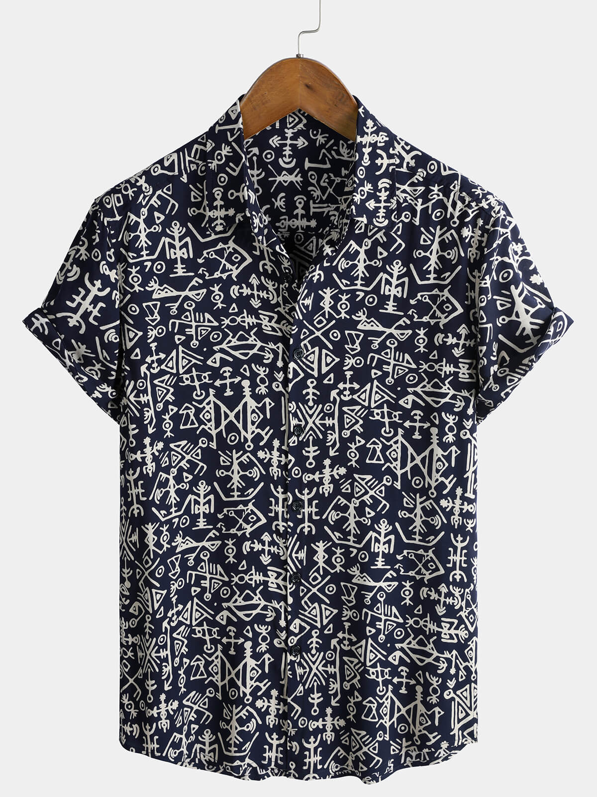Chemise homme manches courtes imprimé tribal symboles bleu marine en rayon