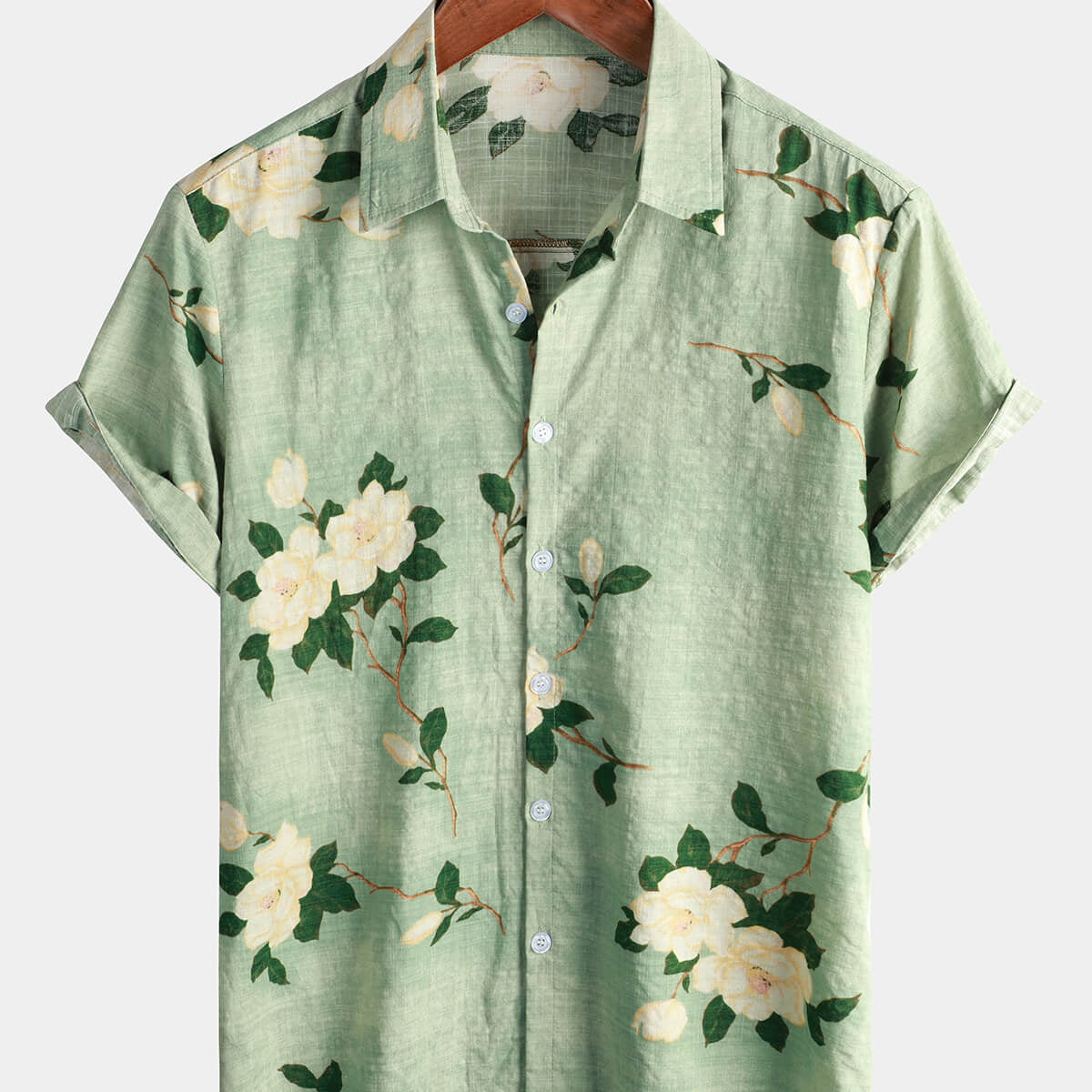 Chemise boutonnée hawaïenne à manches courtes en coton à fleurs vintage vert clair pour homme