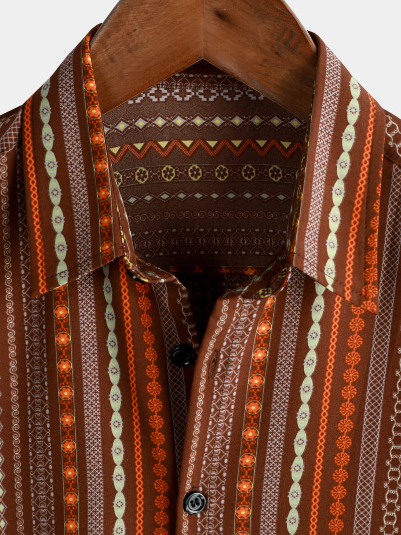 Chemise à manches courtes rétro vintage à rayures pour hommes des années 70 Summer Beach Boho Button Up Brown