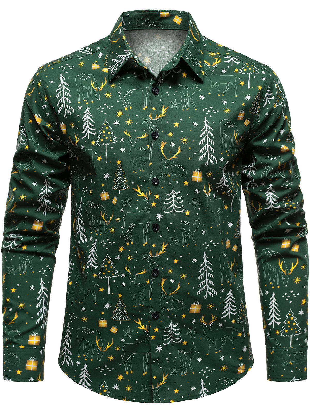 Chemise verte de Noël pour homme à manches longues motif sapin et renne amusant et festif