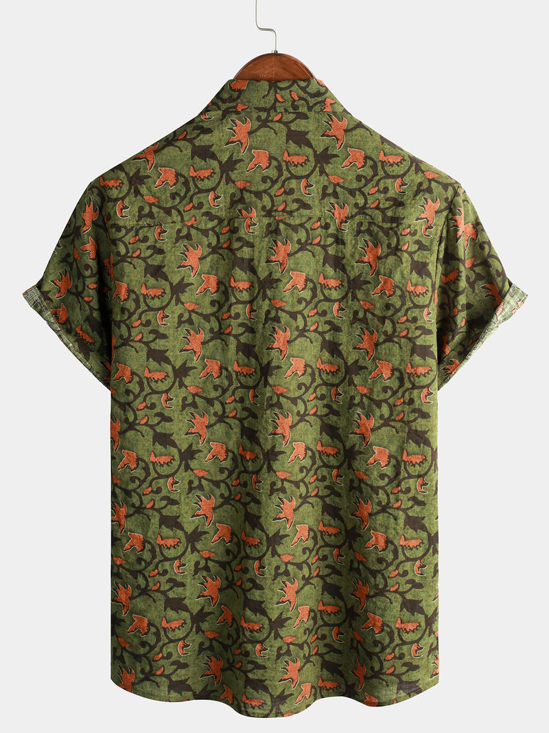 Chemise boutonnée à manches courtes de plage en coton vintage hawaïen à fleurs des années 70 pour hommes