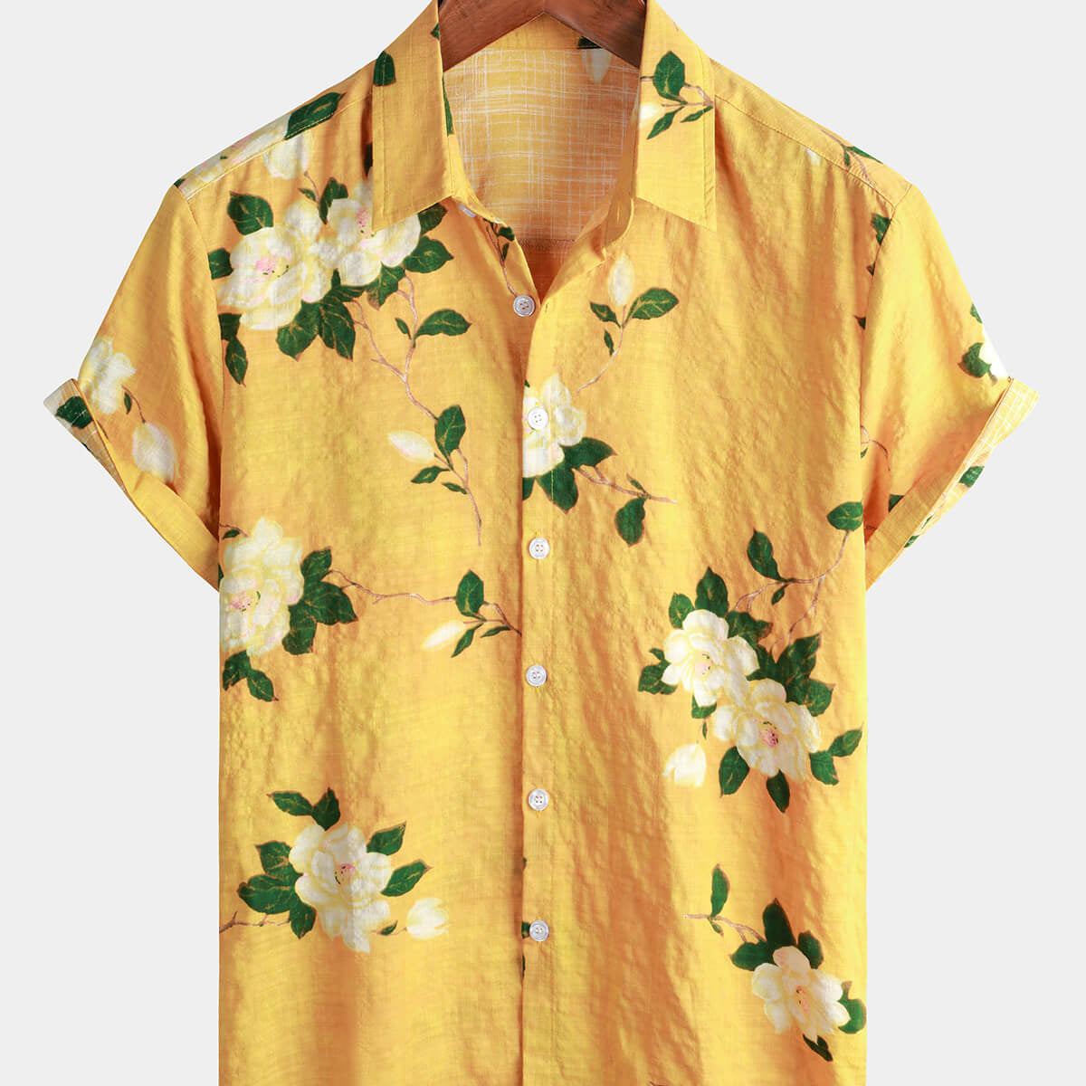 Chemise boutonnée hawaïenne à manches courtes respirante en coton à fleurs vintage jaune pour homme