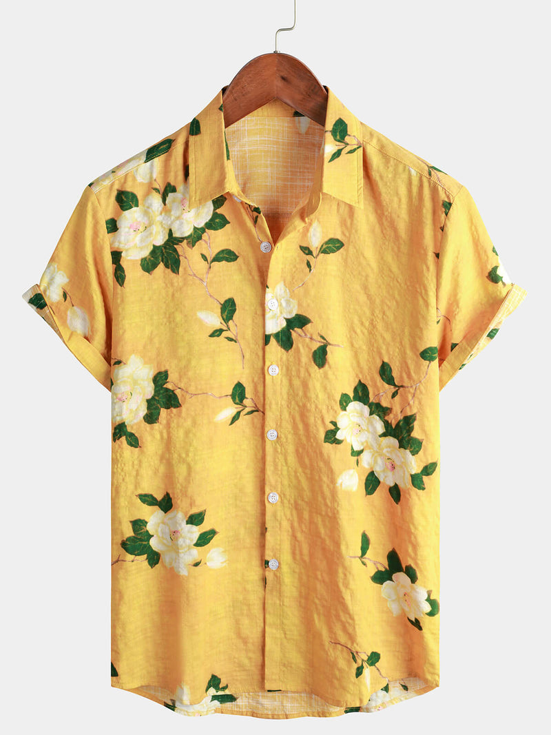 Chemise boutonnée hawaïenne à manches courtes respirante en coton à fleurs vintage jaune pour homme