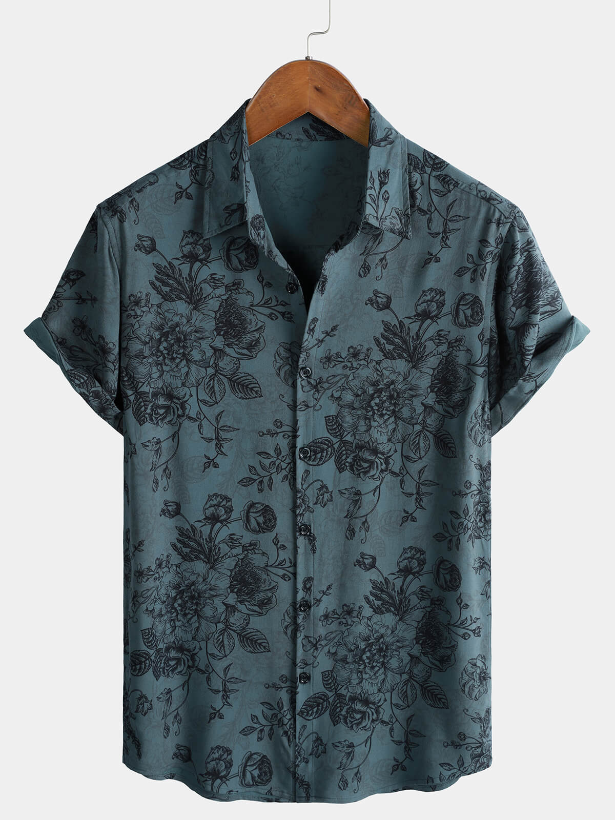 Chemise Homme Vintage Imprimé Floral Bleu en Rayon Style Vacances à Manches Courtes