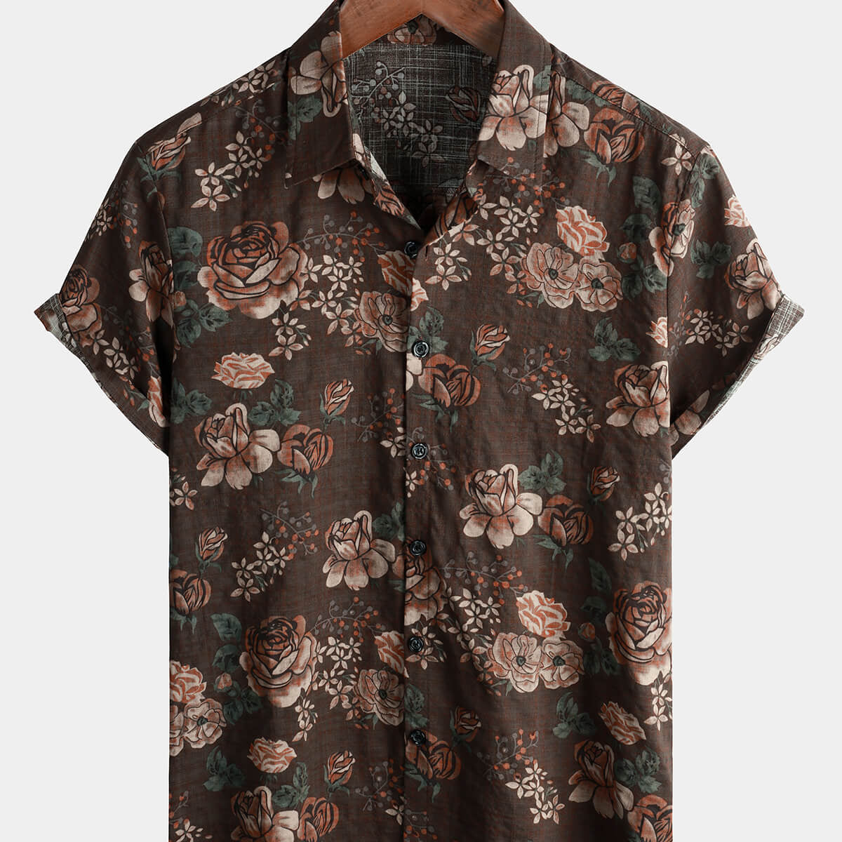 Chemise boutonnée à manches courtes en coton marron vintage à fleurs hawaïennes pour homme