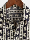Chemise boutonnée d'été vintage rétro à manches courtes à rayures bleu marine à fleurs pour hommes