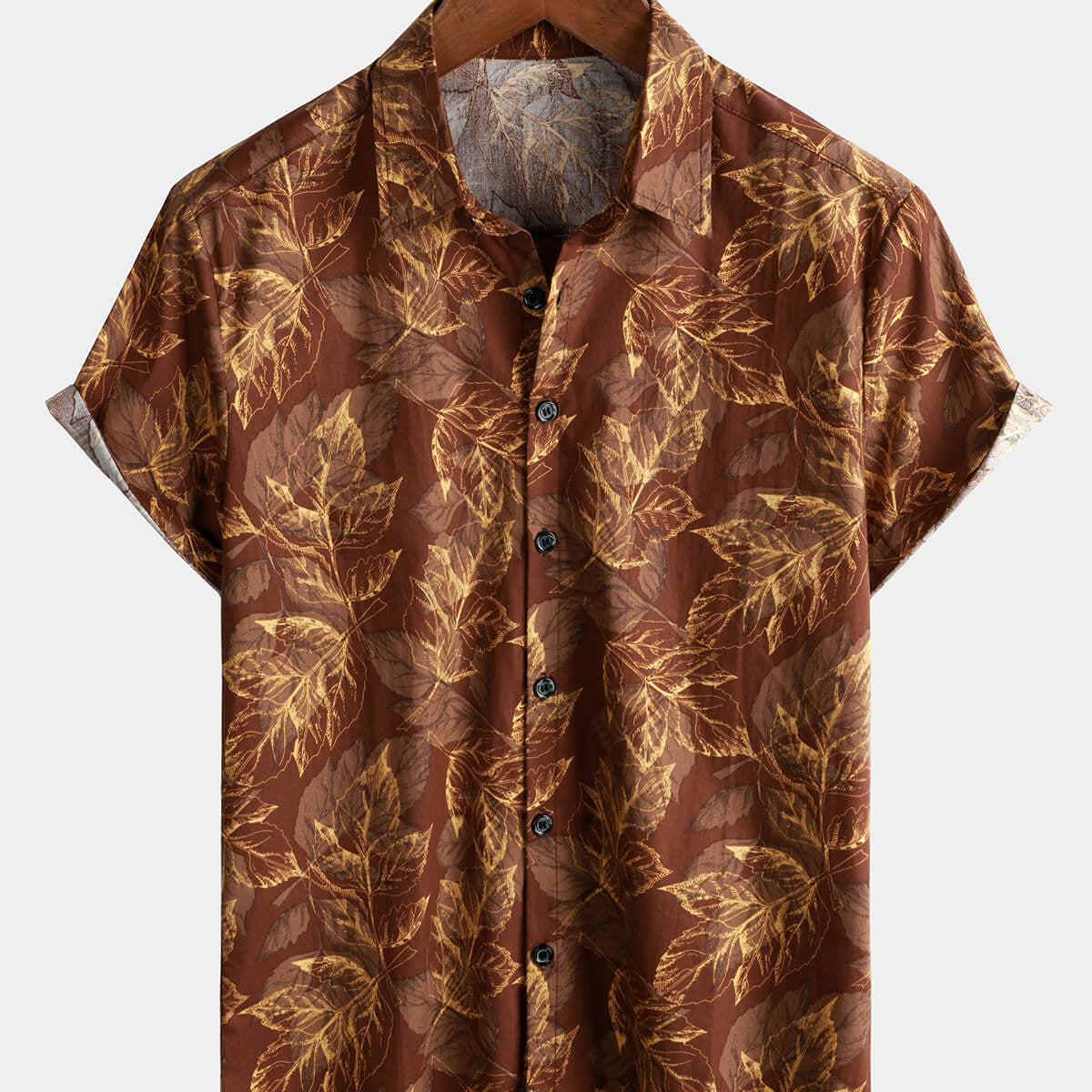 Chemise hawaïenne boutonnée à manches courtes en coton imprimé feuille marron vintage pour homme