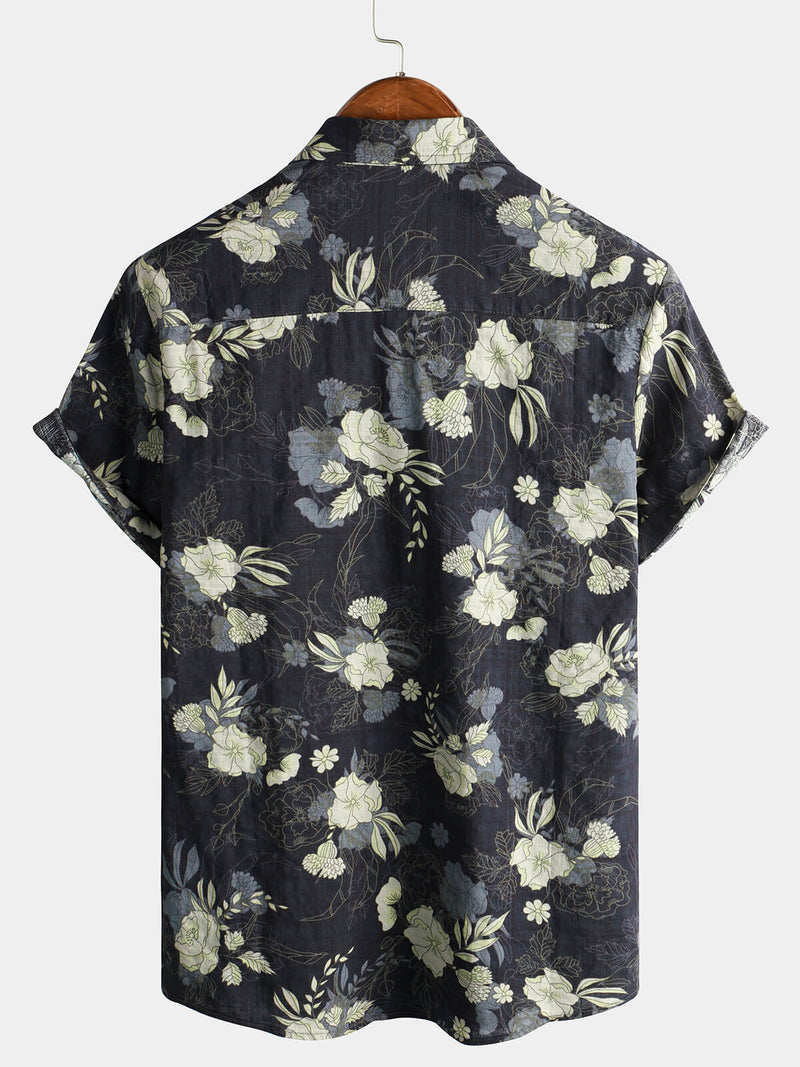 Chemise boutonnée à manches courtes en coton vintage à fleurs hawaïennes pour hommes