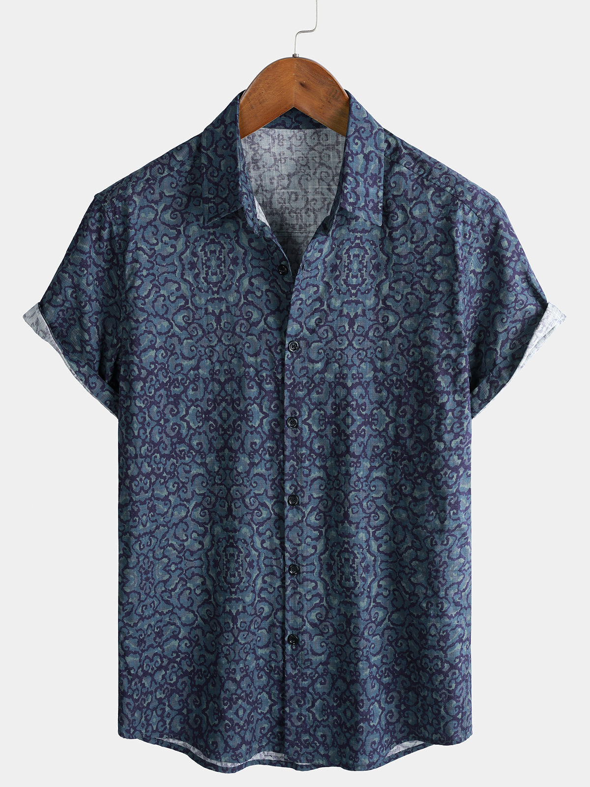 Chemise Homme Rétro Décontractée Motif Bleu à Manches Courtes
