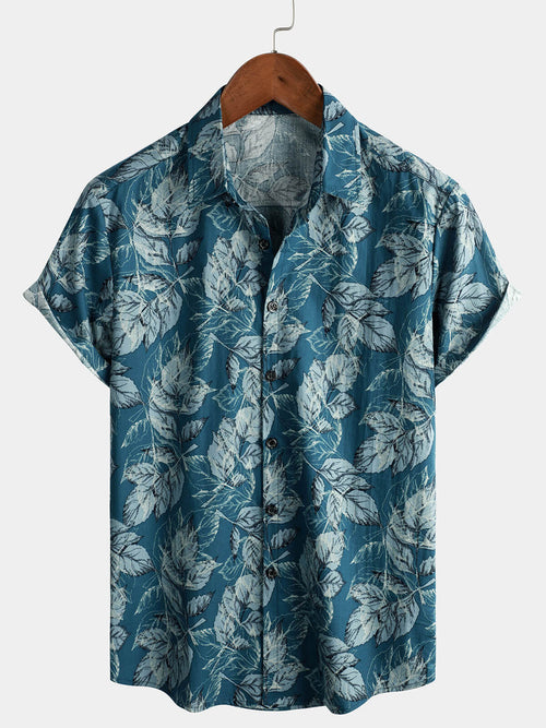 Lot de 2 | Chemises hawaïennes hawaïennes de plage en coton vintage à imprimé feuilles bleues pour hommes