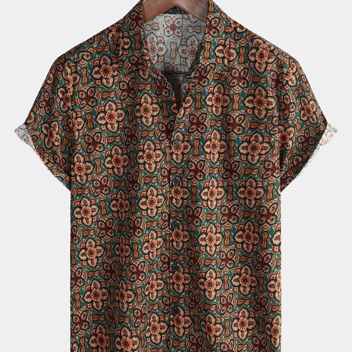 Chemise rétro à manches courtes boutonnée à fleurs marron vintage pour hommes