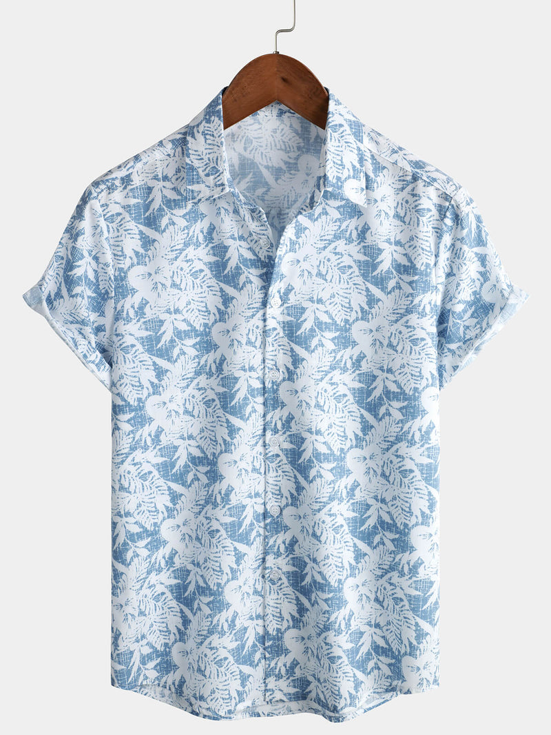 Chemise hawaïenne boutonnée à manches courtes en coton bleu pour homme