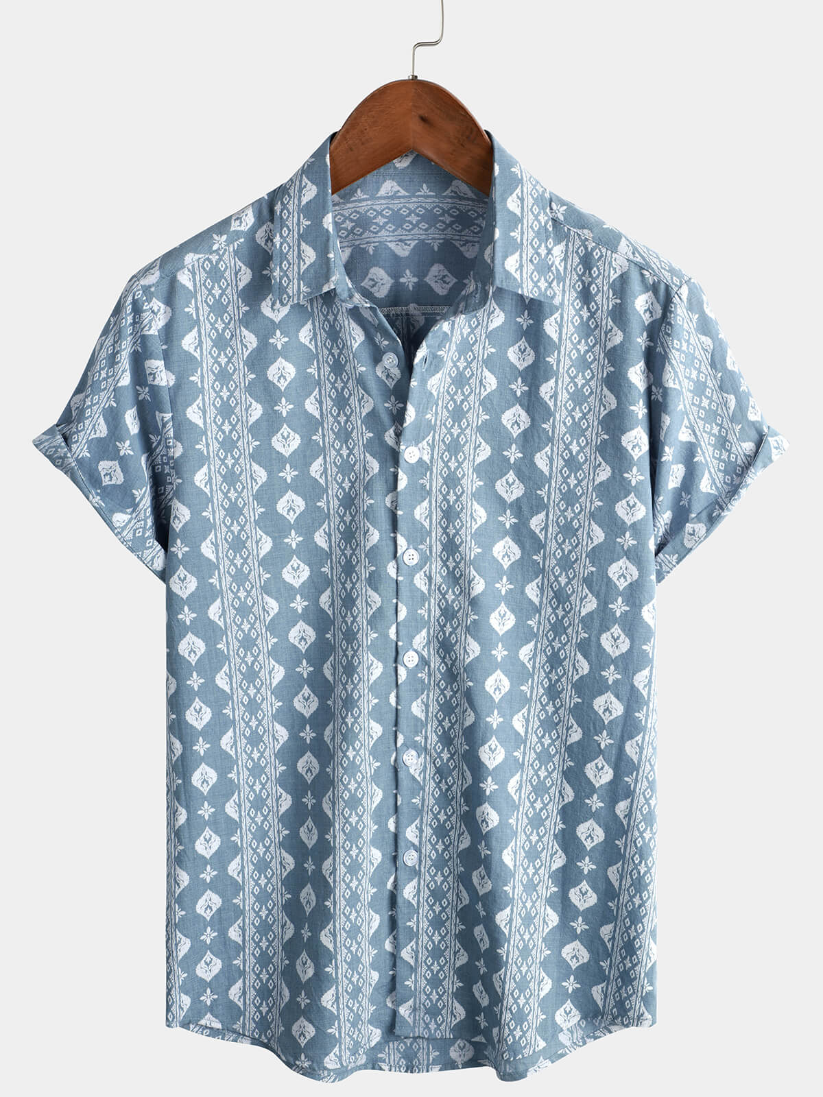 Chemise à manches courtes d'été vintage en coton bleu rétro boutonnée pour homme