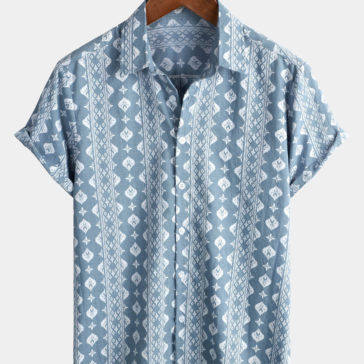 Chemise à manches courtes d'été vintage en coton bleu rétro boutonnée pour homme