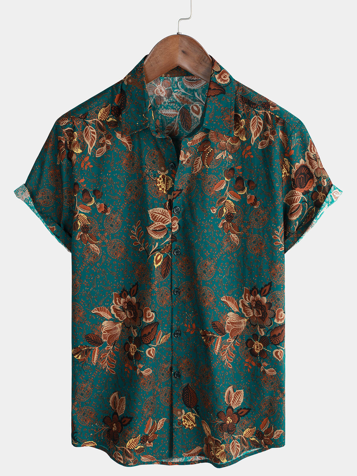 Chemise à manches courtes boutonnée à fleurs hawaïennes en coton vert vintage pour hommes