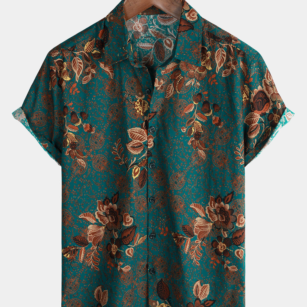 Chemise à manches courtes boutonnée à fleurs hawaïennes en coton vert vintage pour hommes