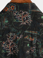 Chemise d'été boutonnée à manches courtes à imprimé floral rétro hawaïen noir pour homme