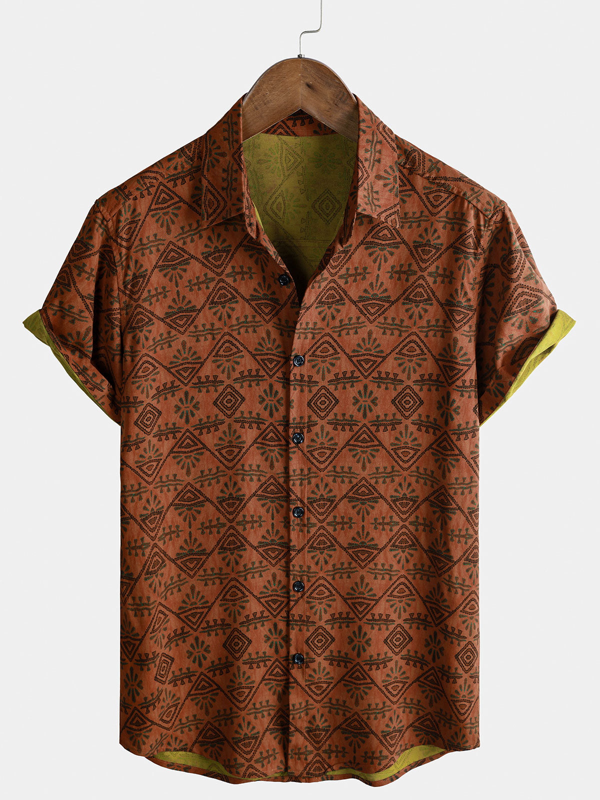Chemise Homme Bohème en Rayon Imprimé Géométrique Tribal Orange à Manches Courtes