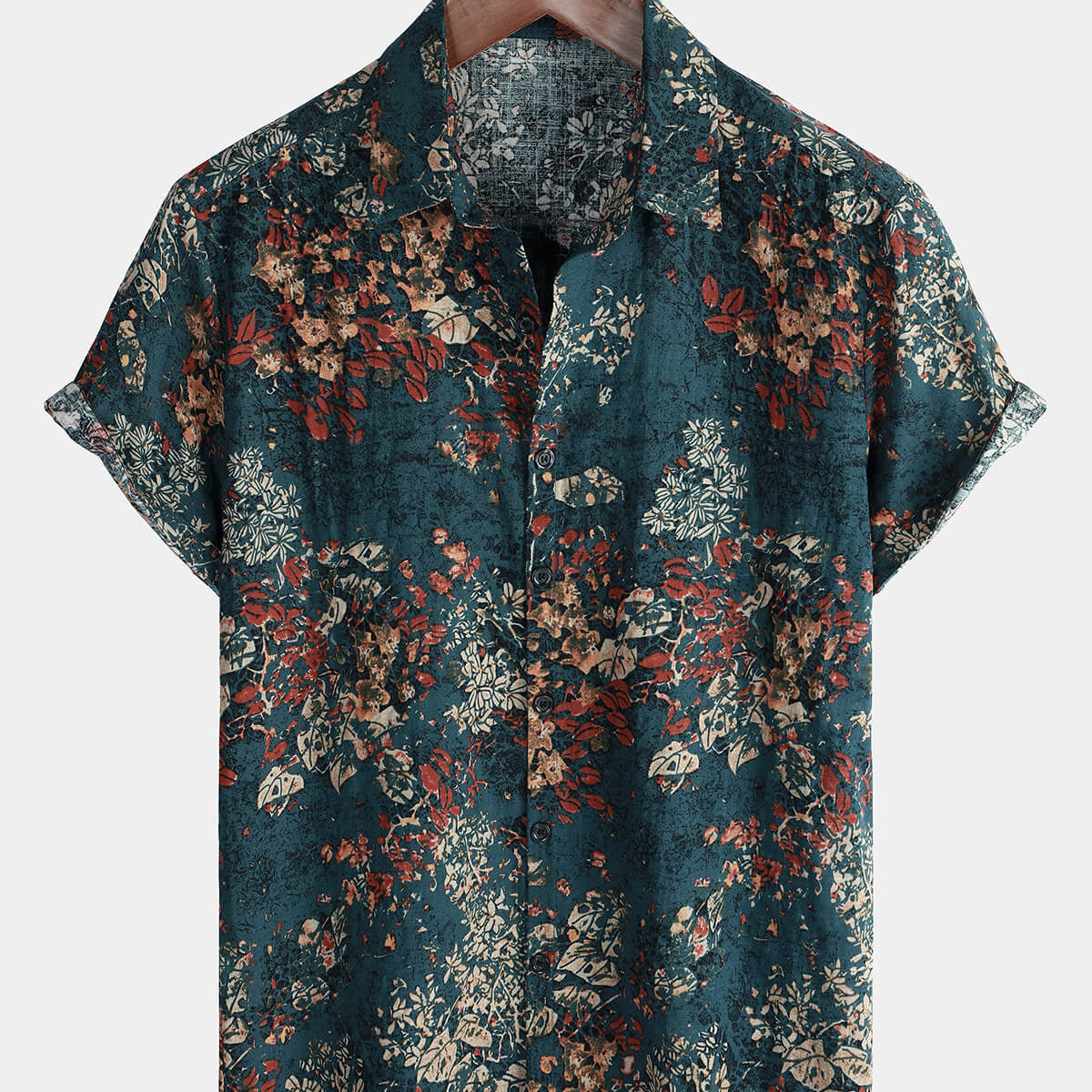 Chemise à manches courtes boutonnée en coton à fleurs rétro pour hommes