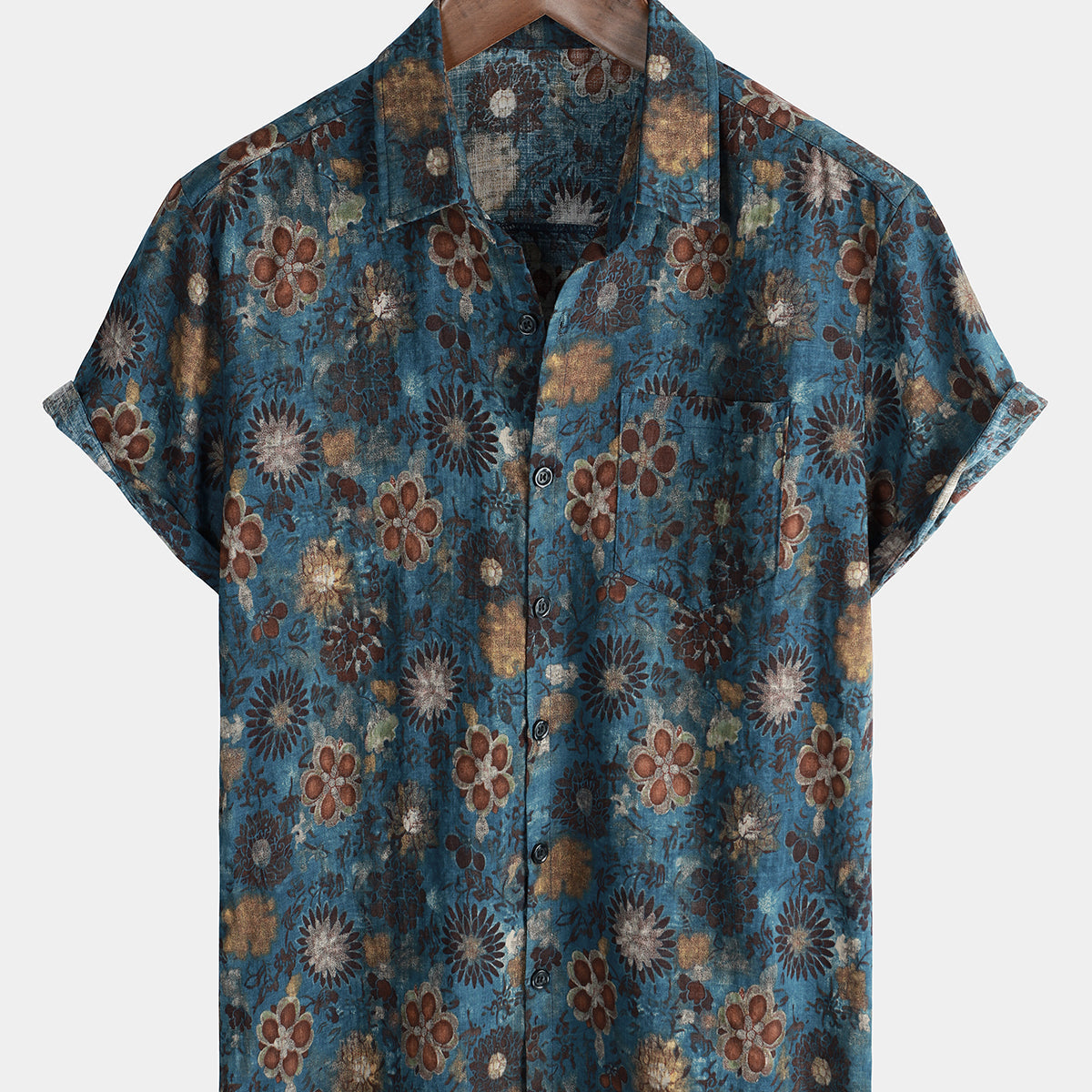 Chemise décontractée à manches courtes bleue à imprimé floral vintage pour hommes