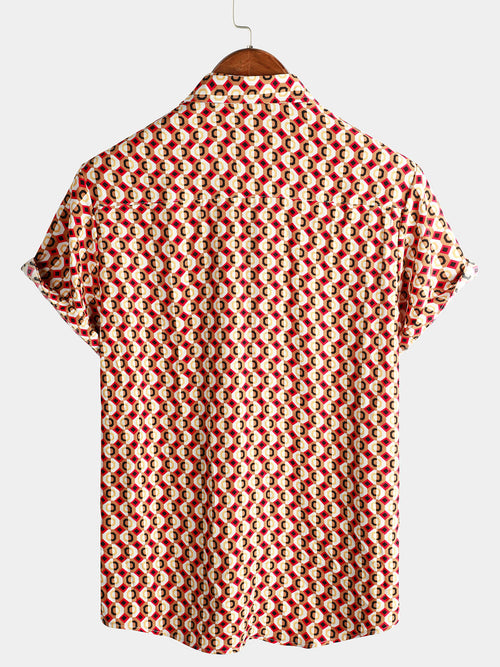 Chemise à manches courtes d'été boutonnée rétro géométrique des années 70 pour hommes