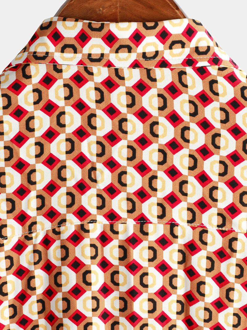 Chemise à manches courtes d'été boutonnée rétro géométrique des années 70 pour hommes