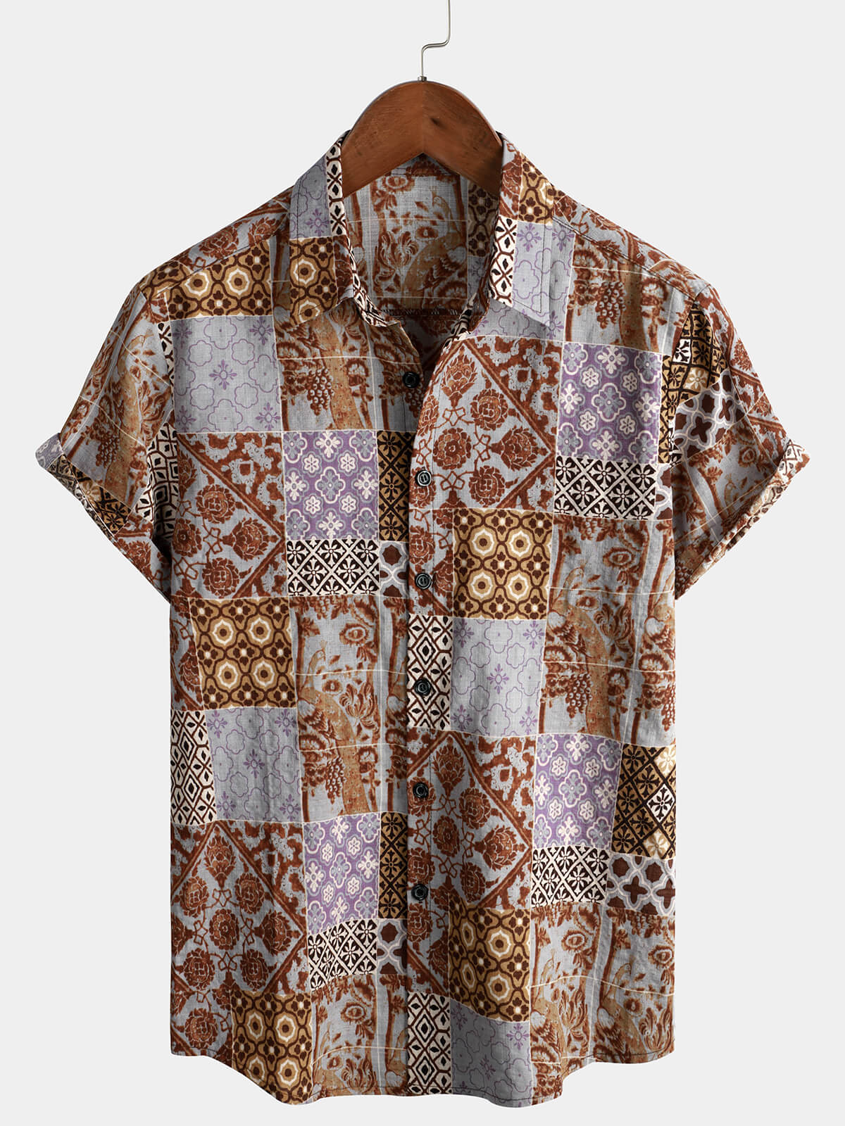 Chemise boutonnée d'été rétro marron des années 70 pour homme avec patchwork floral vintage