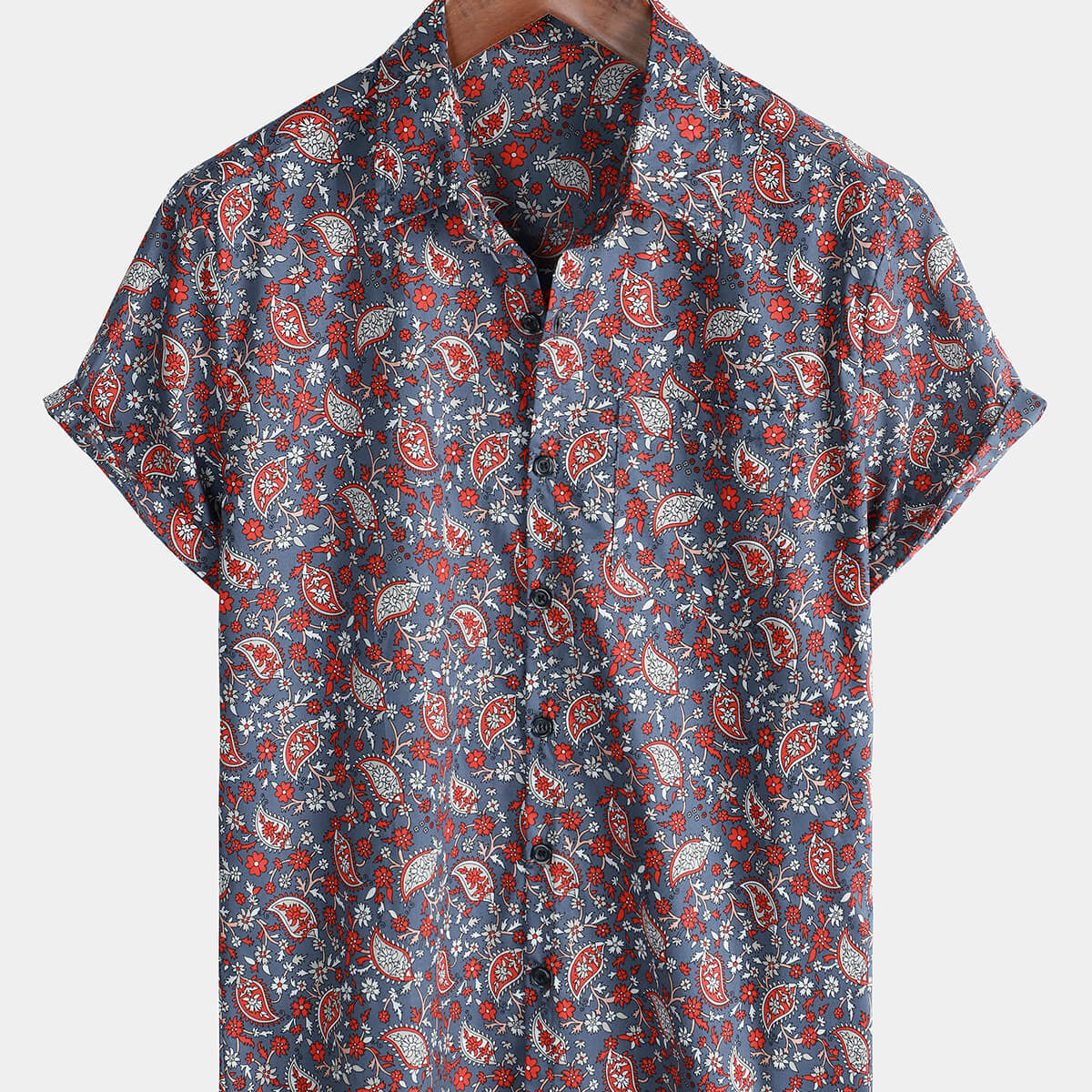 Chemise rétro en coton boutonnée à manches courtes pour hommes avec poche florale Paisley