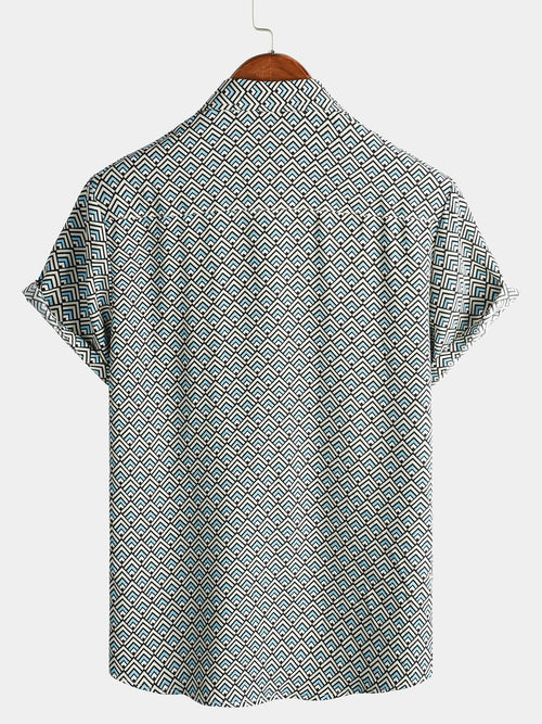 Chemise à manches courtes décontractée vintage géométrique boutonnée pour homme
