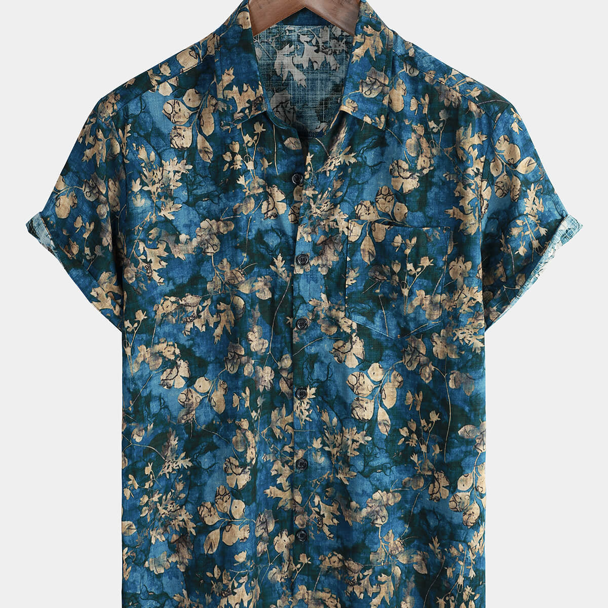 Chemise à manches courtes boutonnée à fleurs hawaïennes d'été en coton bleu pour hommes