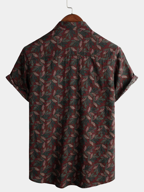 Chemise boutonnée de plage d'été bordeaux rétro à manches courtes à fleurs vintage pour hommes