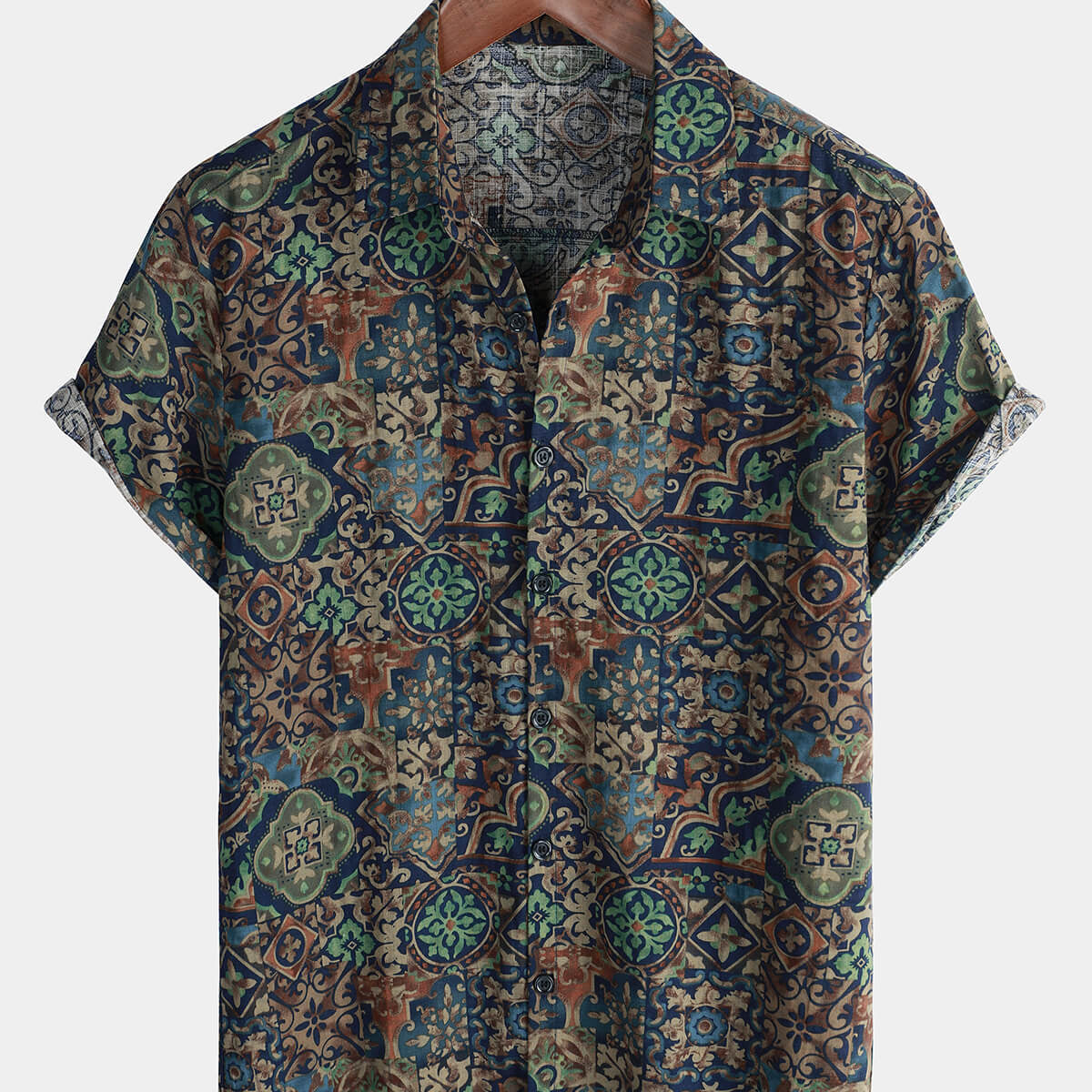 Chemise en coton vert boutonné à fleurs vintage à manches courtes pour hommes