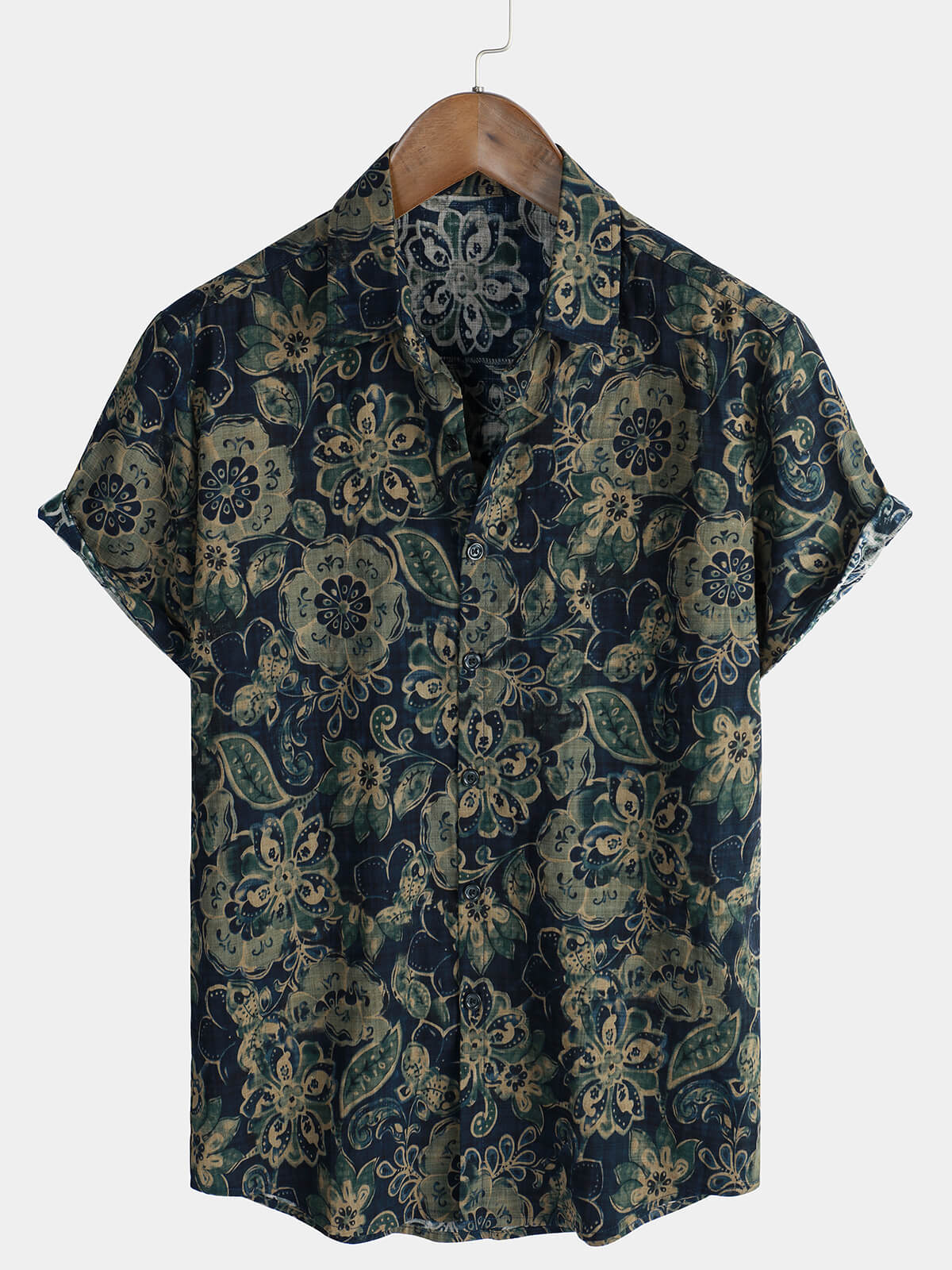Chemise en coton vert à manches courtes pour hommes, décontractée, Vintage, boutons floraux, vacances