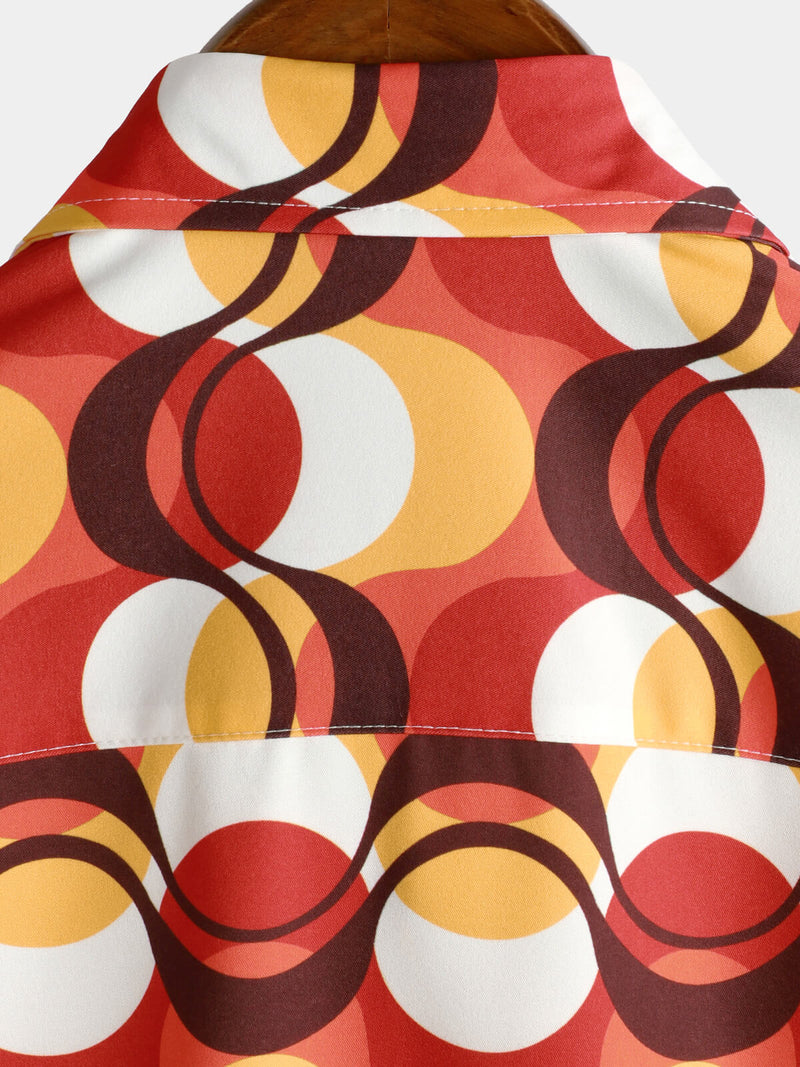 Hommes Retro Button Up Vintage Orange 70s Party Geometric Summer Beach Chemise à manches courtes